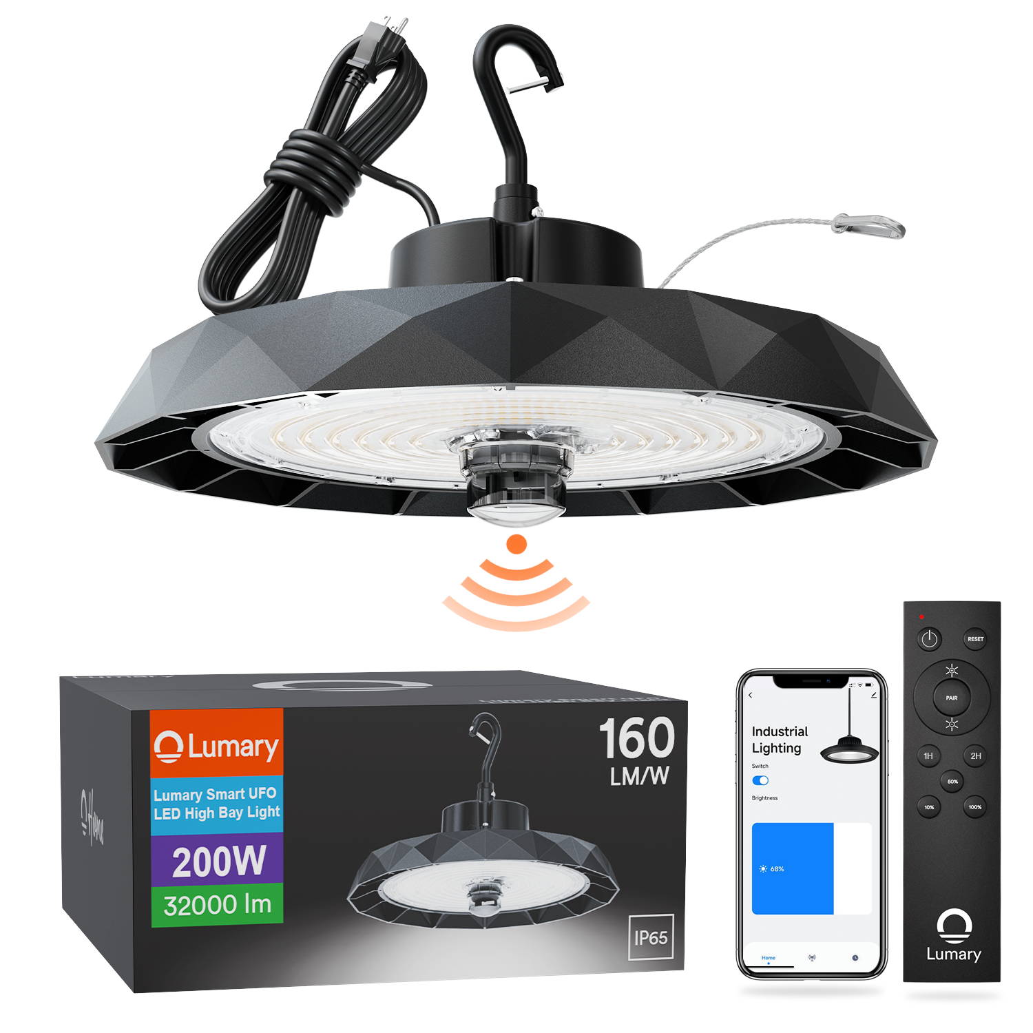 Lumary 200W UFO LED High Bay Light with remote control and app interface