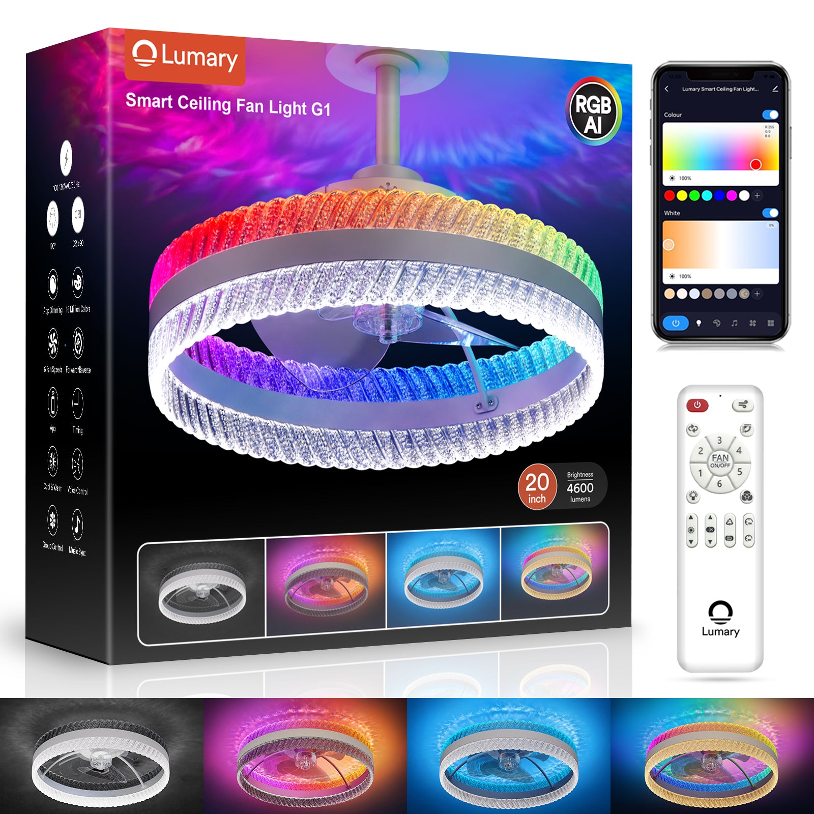 Lumary Smart Ceiling Fans with Lights 20in