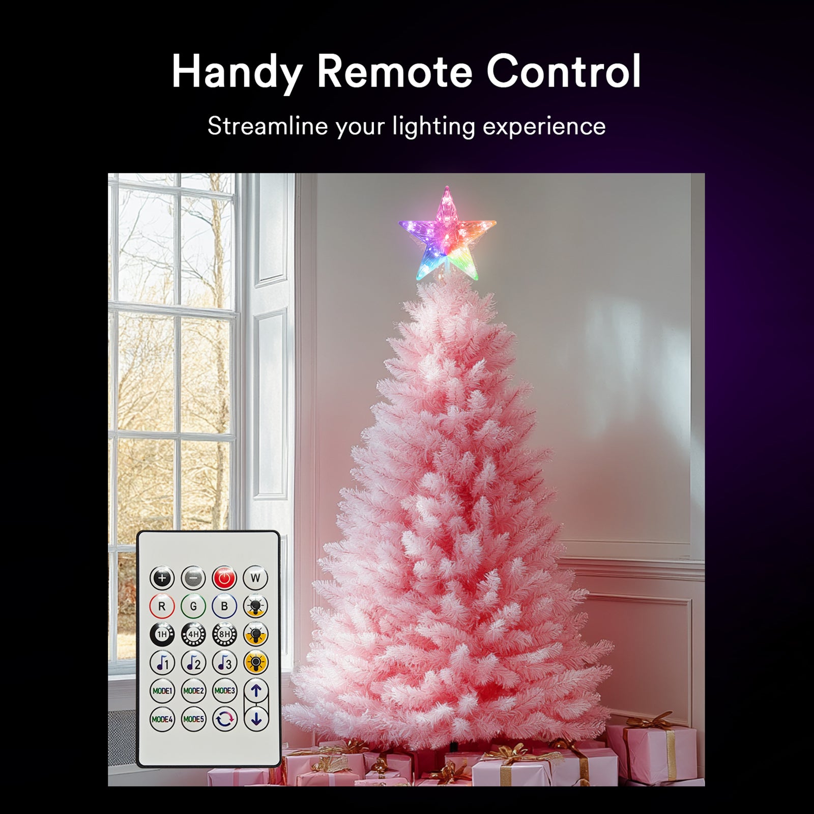 Pink Christmas tree with Lumary RGB star topper and handy remote control