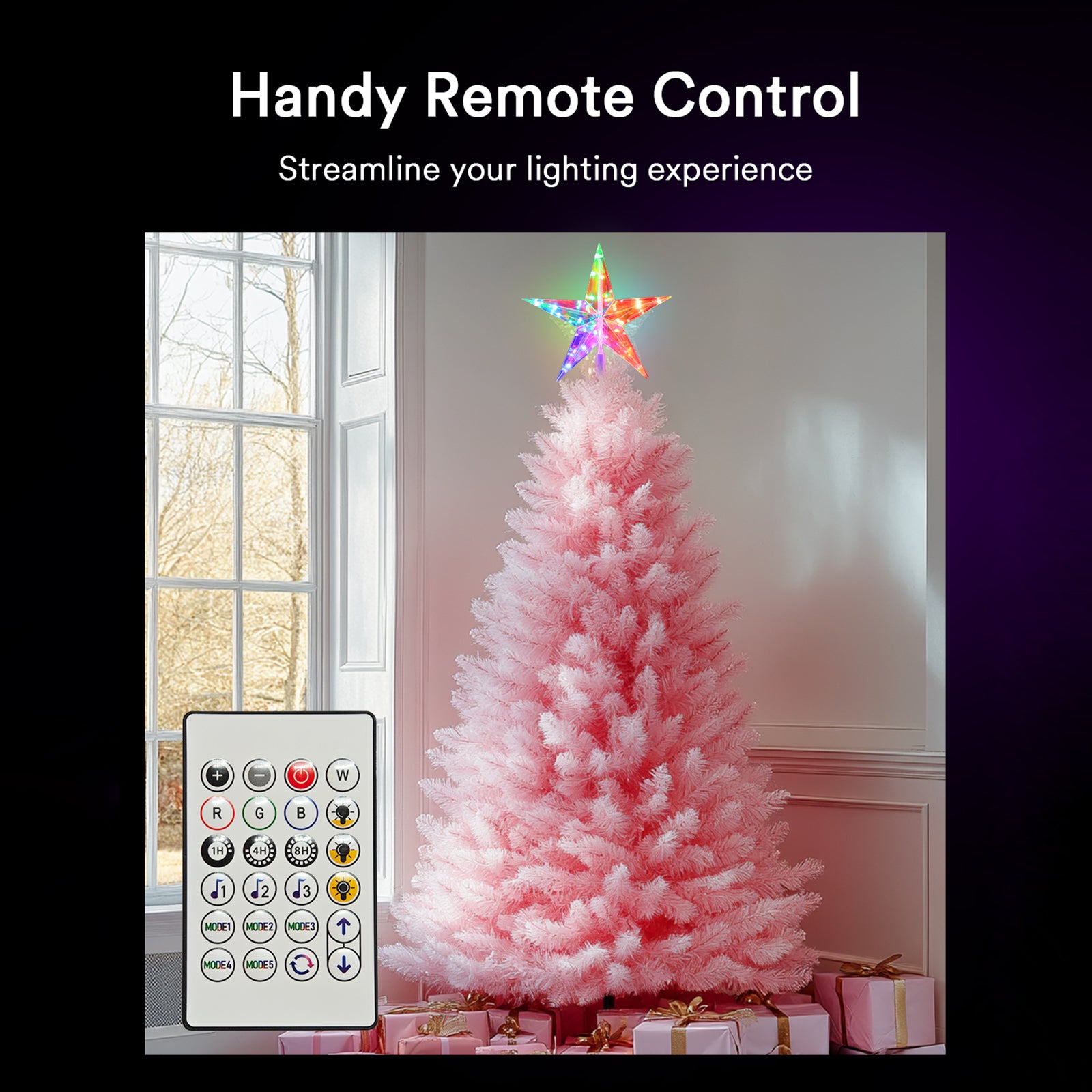 Lumary remote control for Christmas tree star topper with colorful pink tree.
