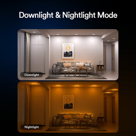 Comparison of Lumary Smart Light in downlight and nightlight modes in a living room.