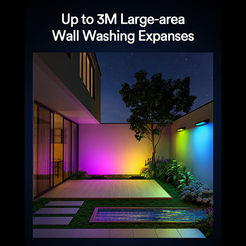 Outdoor space illuminated by Lumary smart lights in vibrant colors, showcasing wall washing effect.
