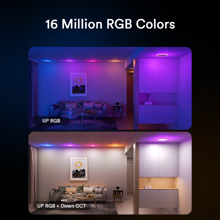 Comparison of Lumary Smart Recessed Light in RGB and white downlight modes.