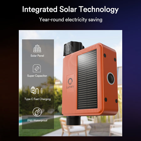 Lumary solar water timer features with solar panel, super capacitor, and waterproof design.