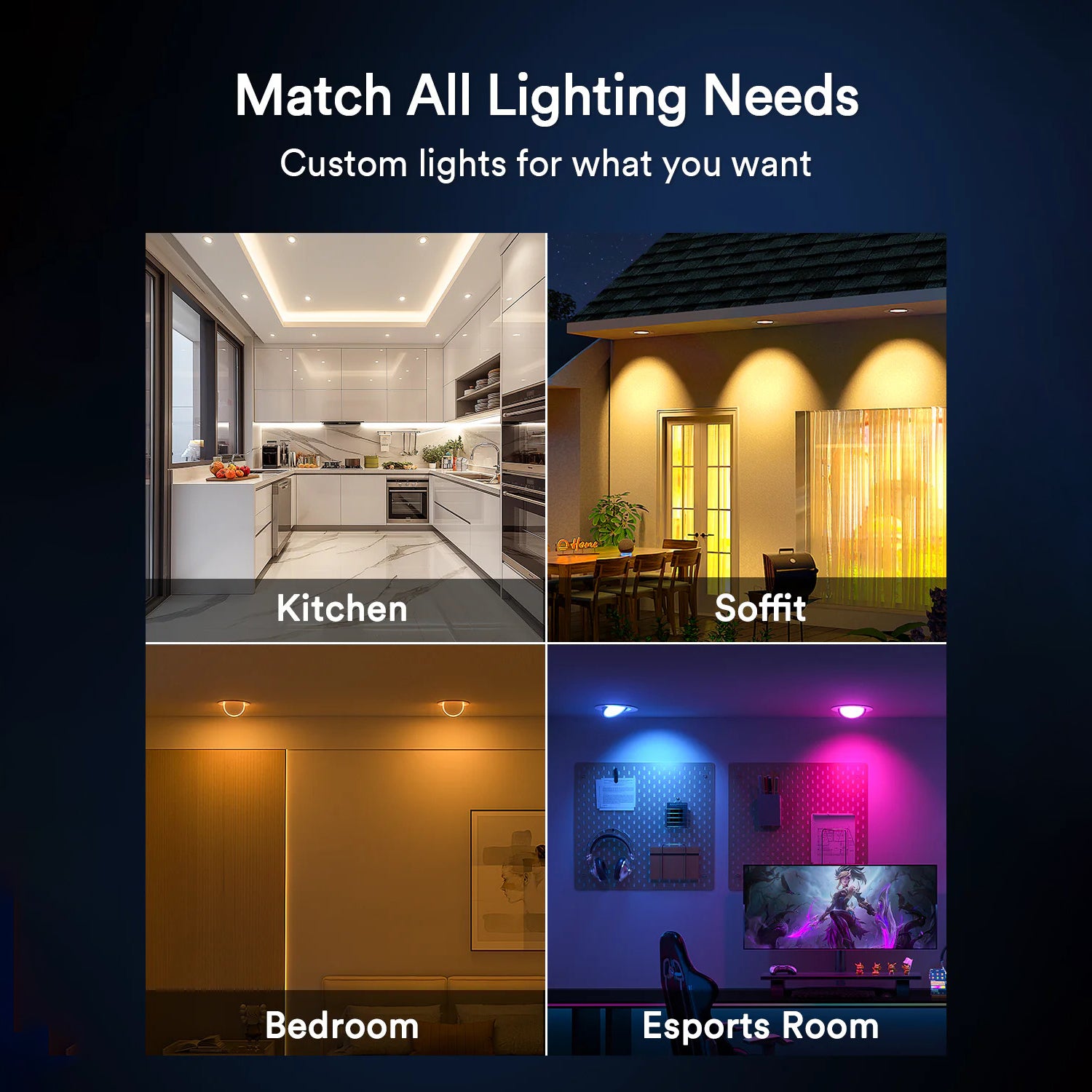 Lumary 4-Inch Gimbal Light in kitchen, bedroom, soffit, and esports room settings.