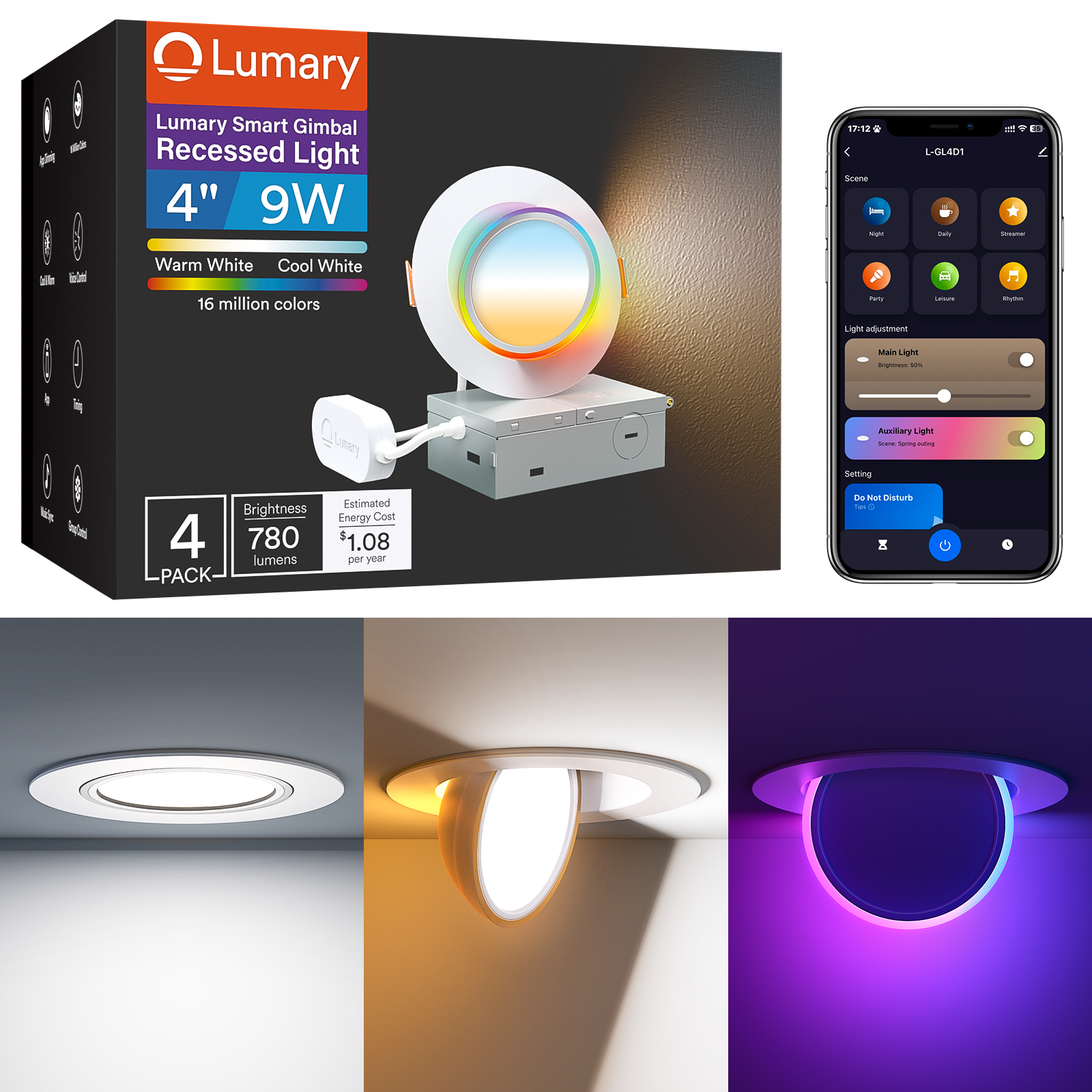 Lumary 4" gimbal recessed light packaging with color settings on smartphone app.