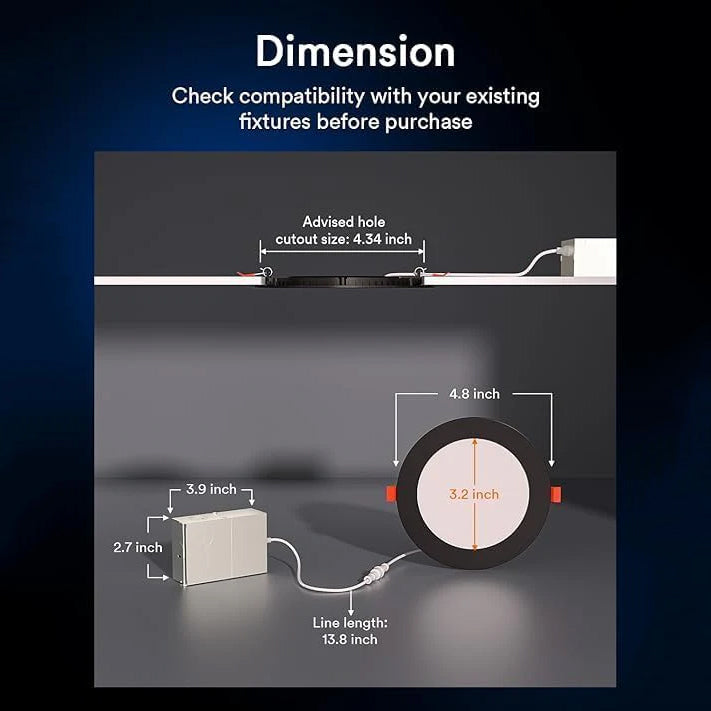 Dimensions of Lumary 4-inch recessed lighting showing advised hole and length.