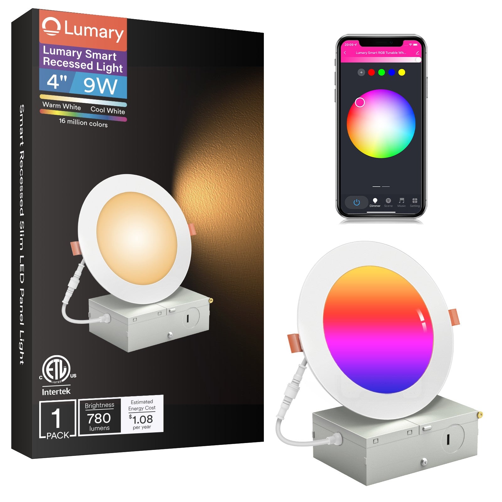 Lumary 4-inch smart recessed light with color changing features and packaging