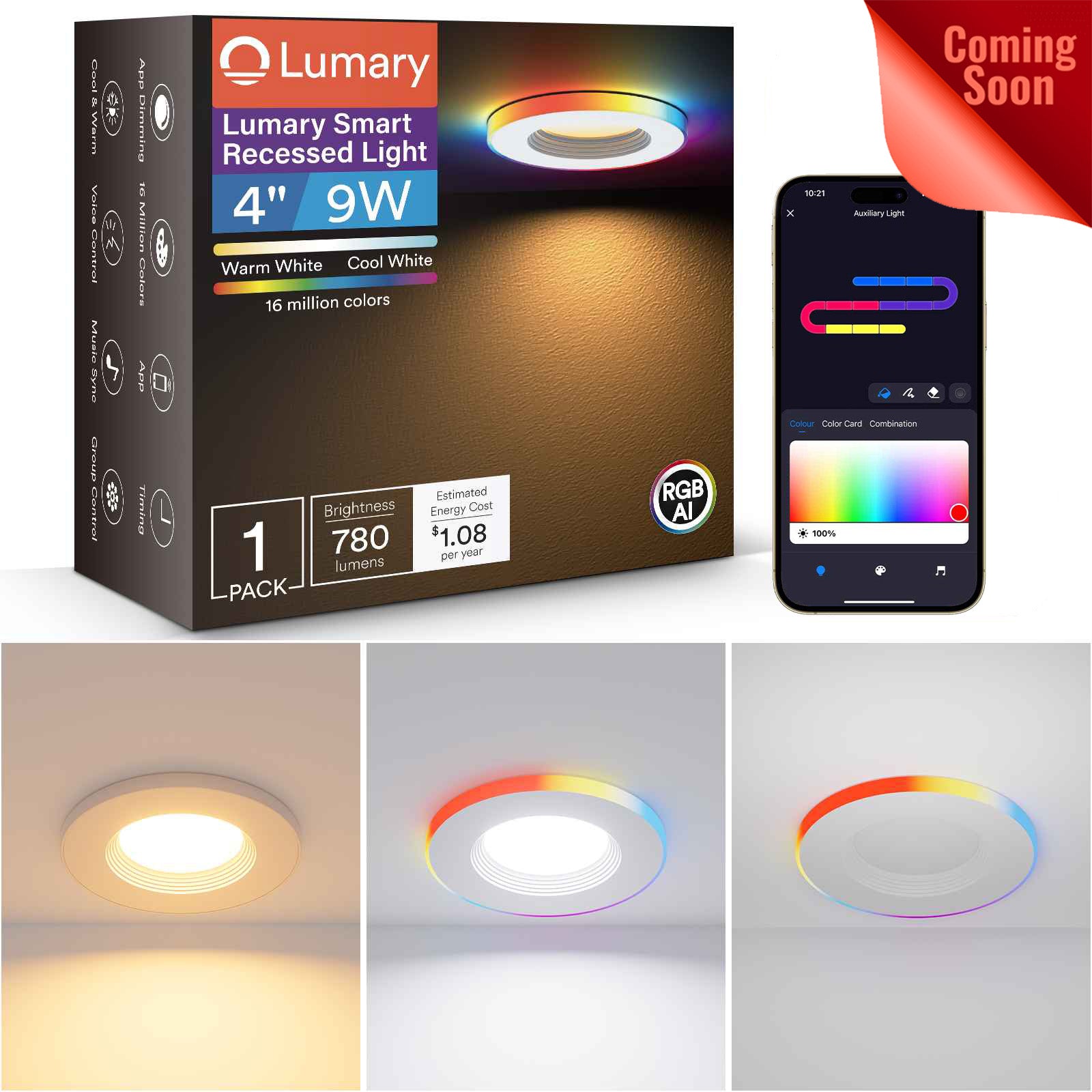 Lumary Smart RGBAI Can Light with Gradient Accent Night Light 4 inch 9W 780lm