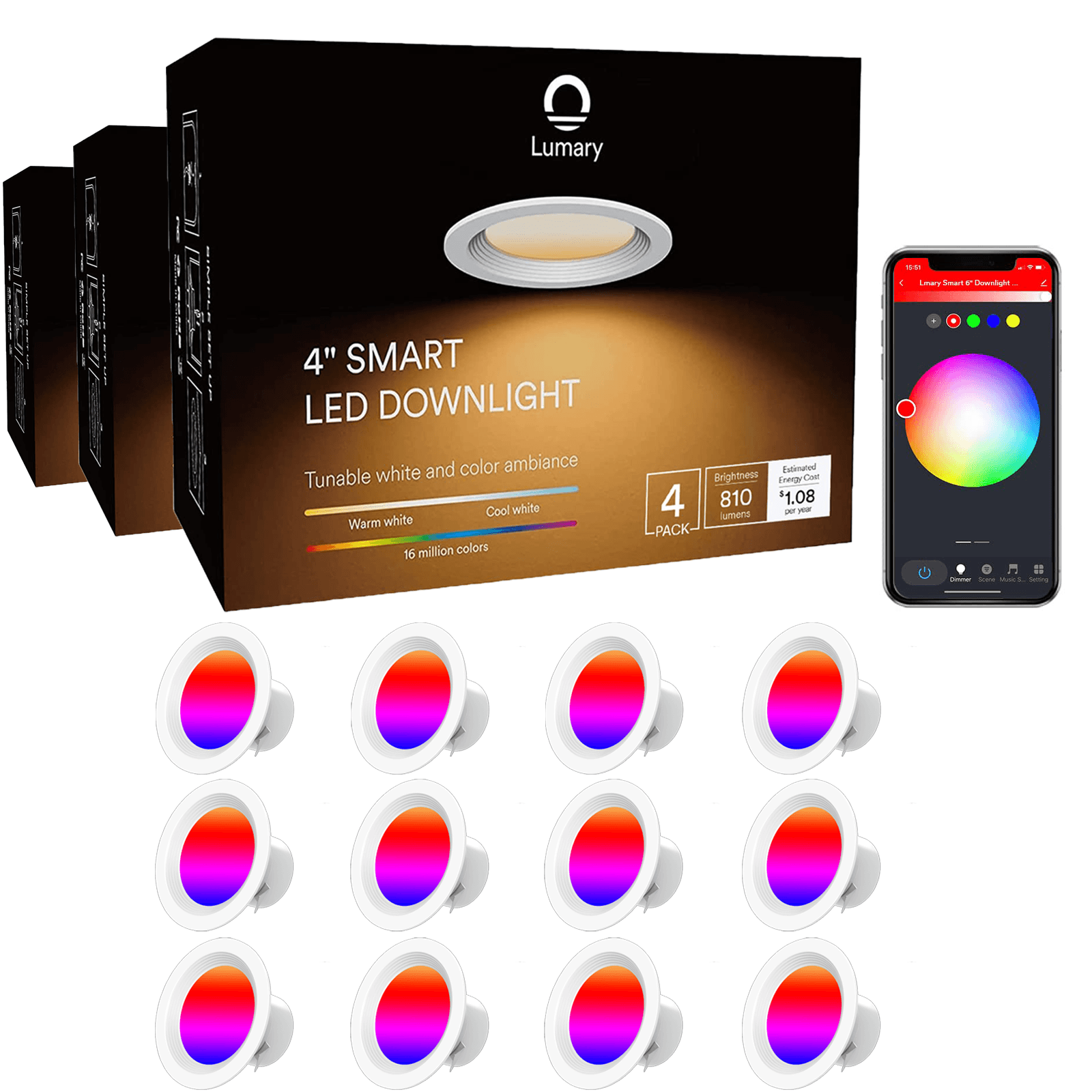 Lumary 4-inch smart LED downlights, 16 million colors, tunable white, smartphone control.