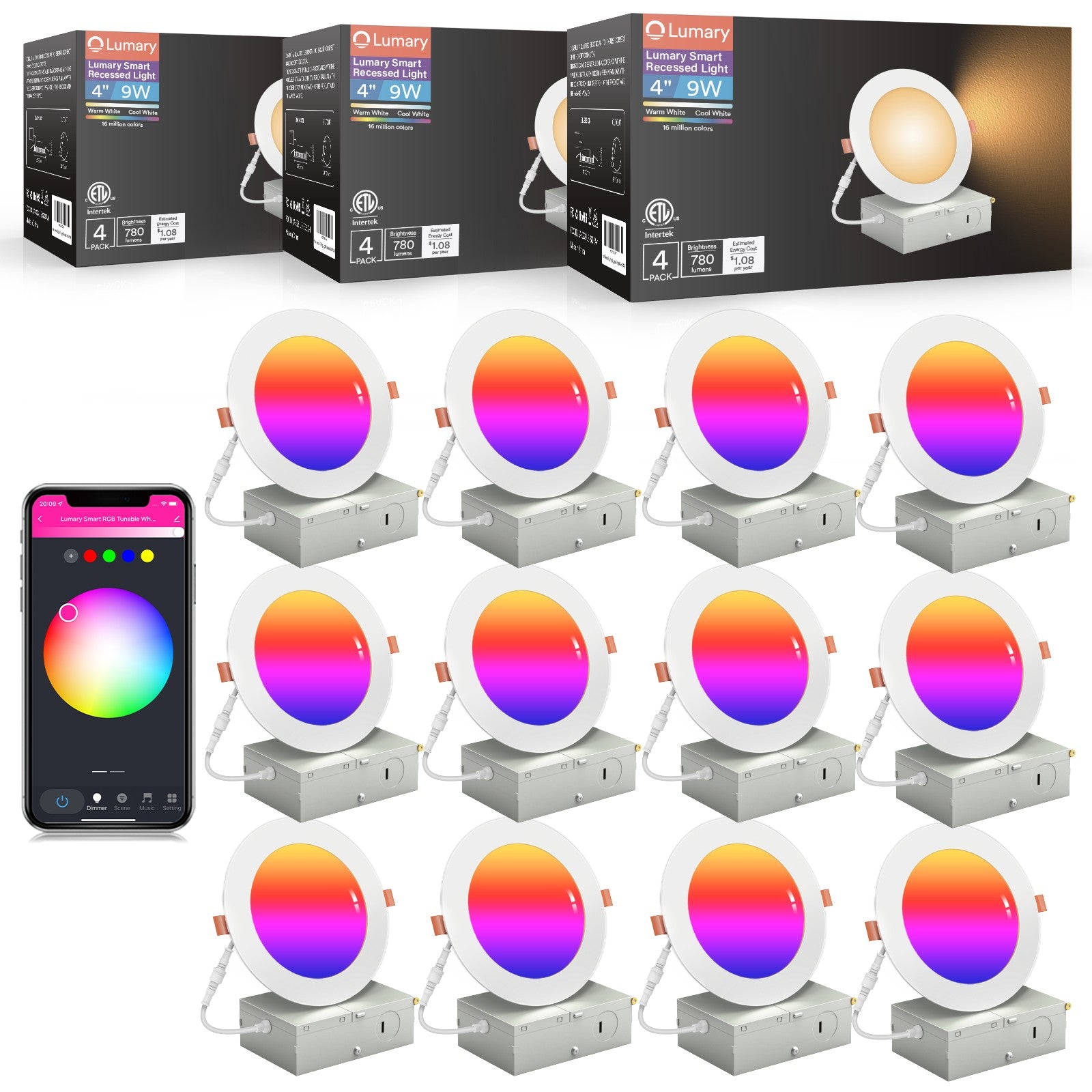 12-pack Lumary 4-inch smart recessed lights with app control and color options