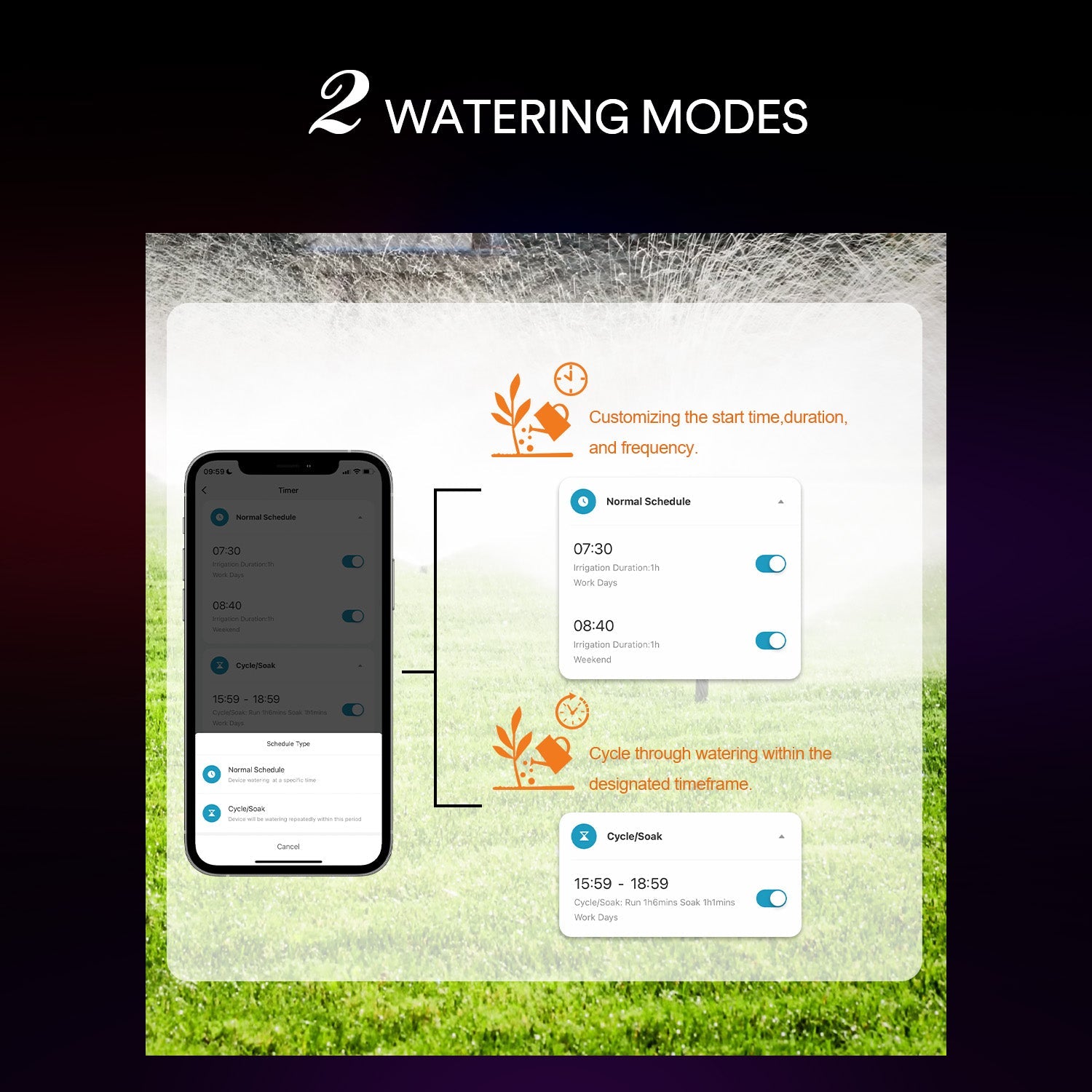 Smart Water Timer app screen showing normal and cyclical scheduling for irrigation.