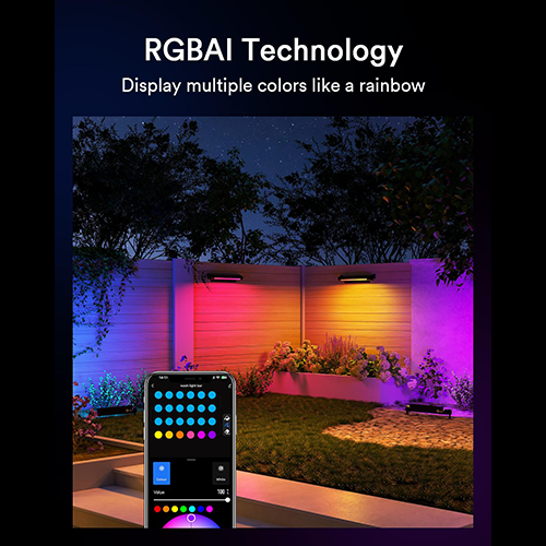 Lumary smart outdoor lights demonstrating RGBAI technology with vibrant color display.