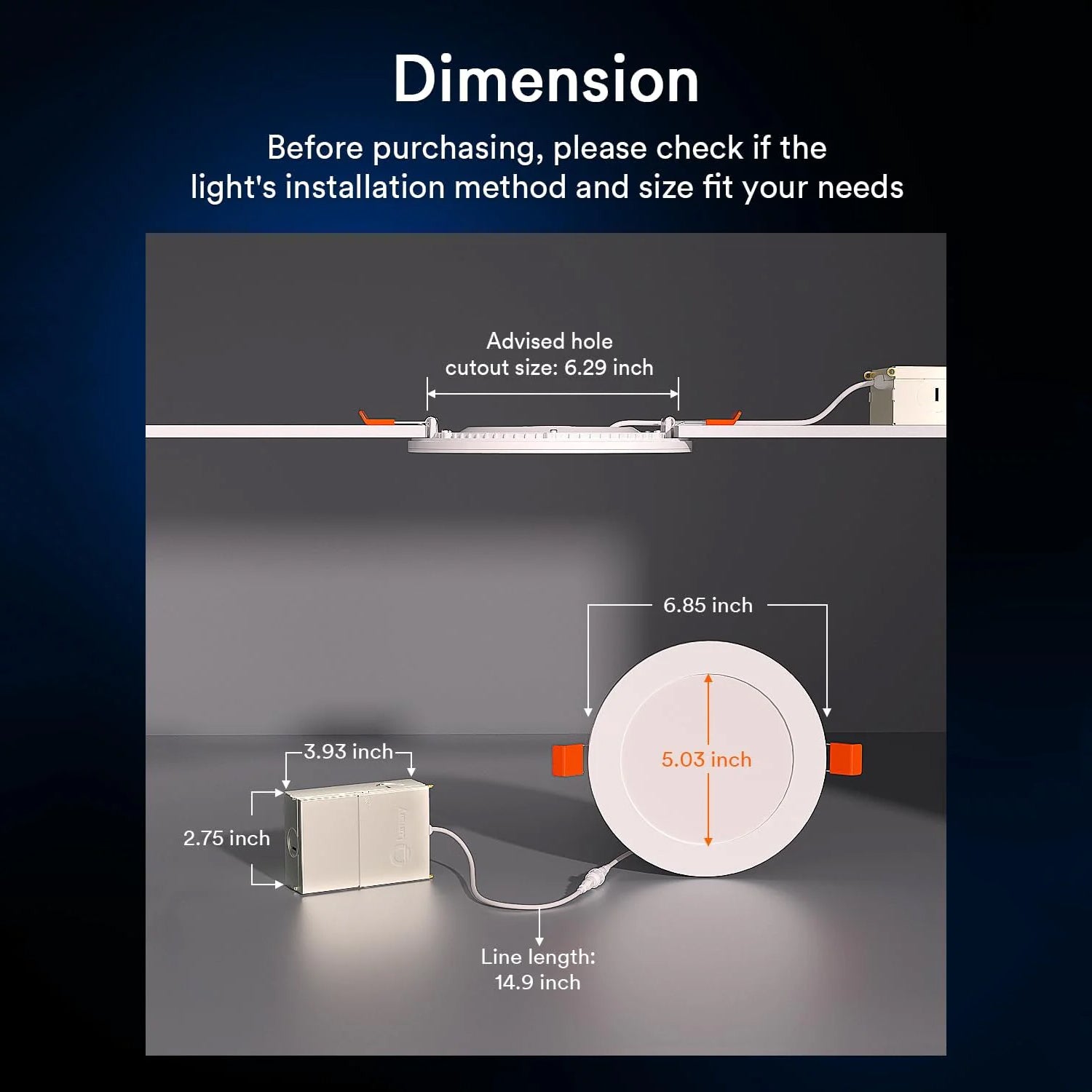 Dimensions of Lumary Smart Recessed Light Pro with cutout and length details.