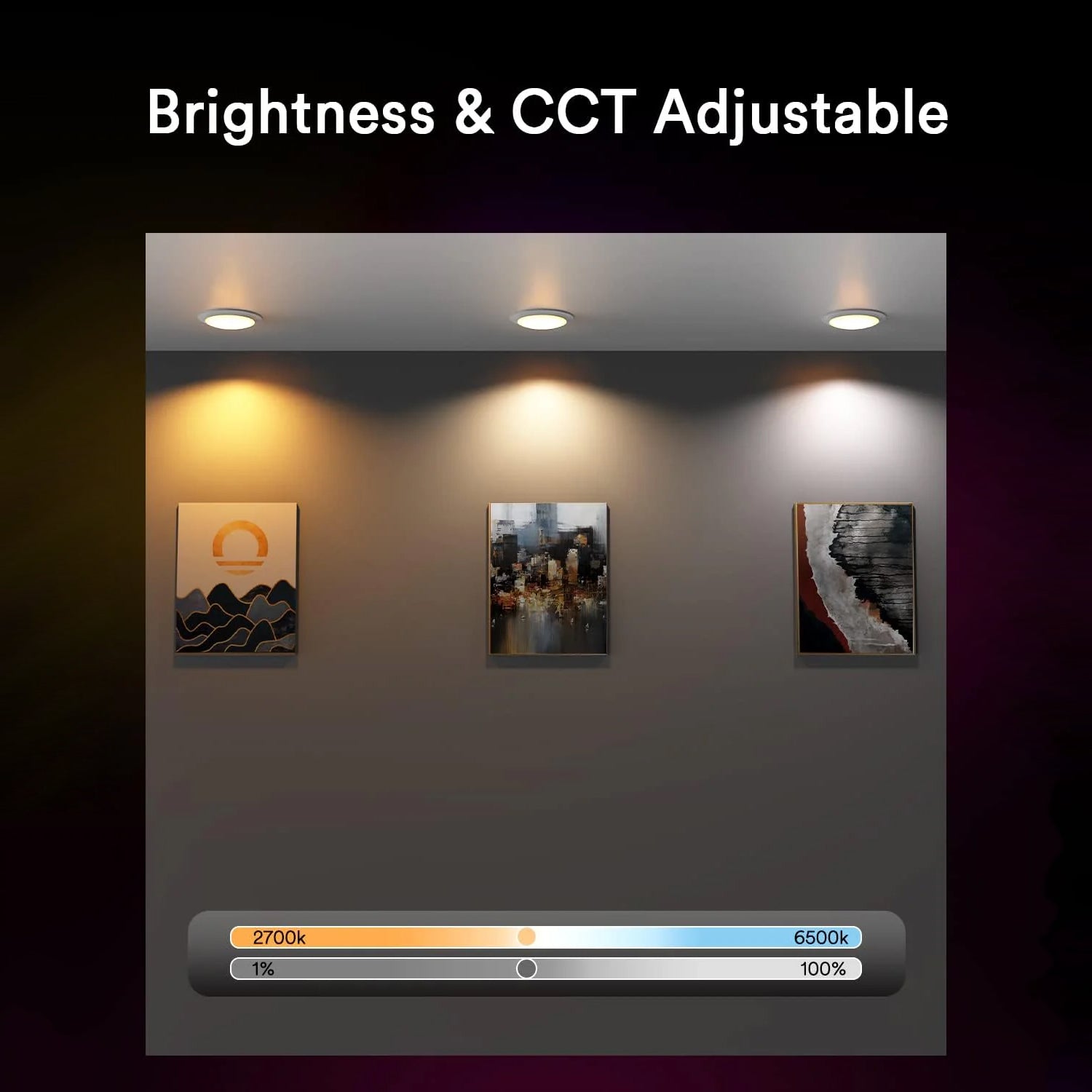 Adjustable brightness and color temperature display with wall art
