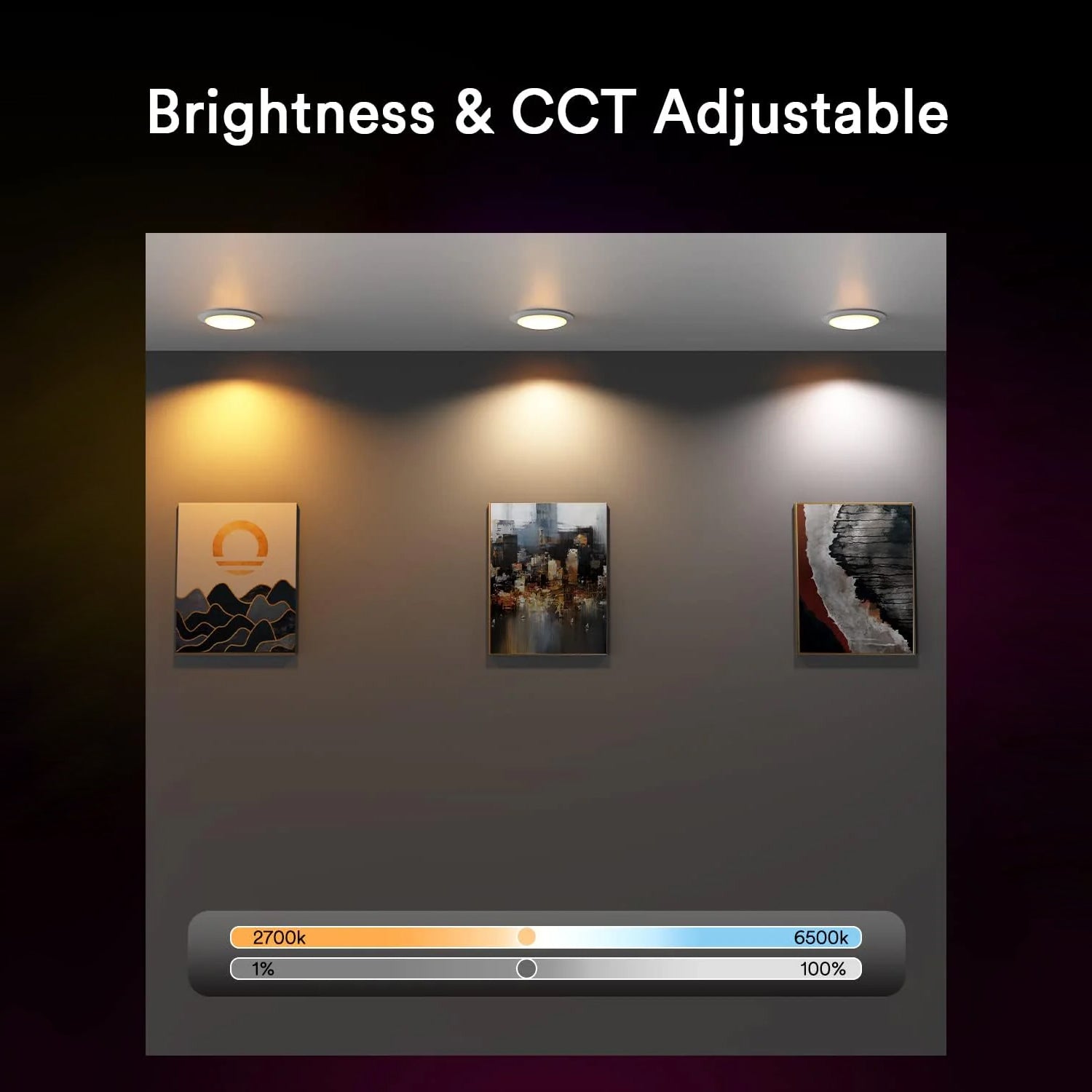 Lumary adjustable brightness and color temperature display with three artworks.