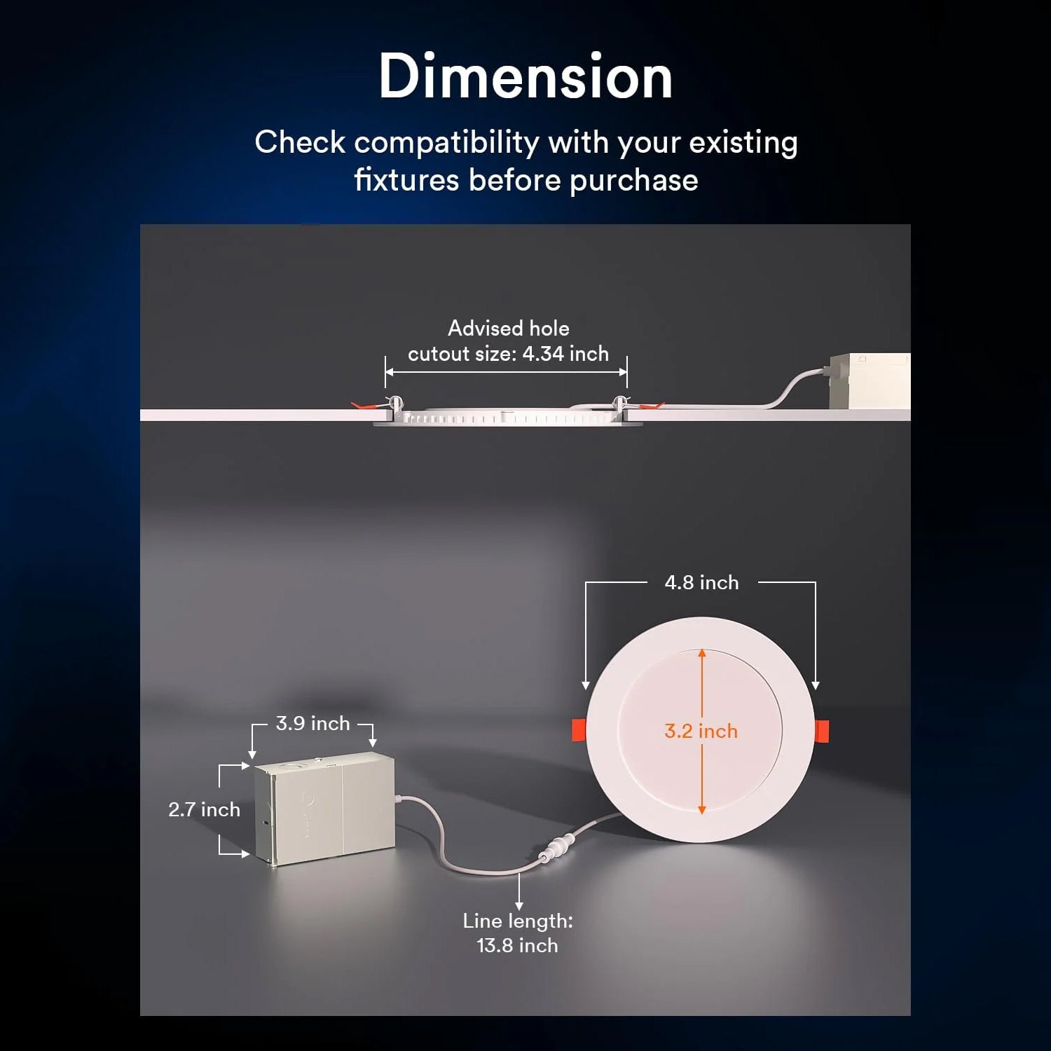 Dimensions of Lumary 4 inch smart recessed lights for installation compatibility.