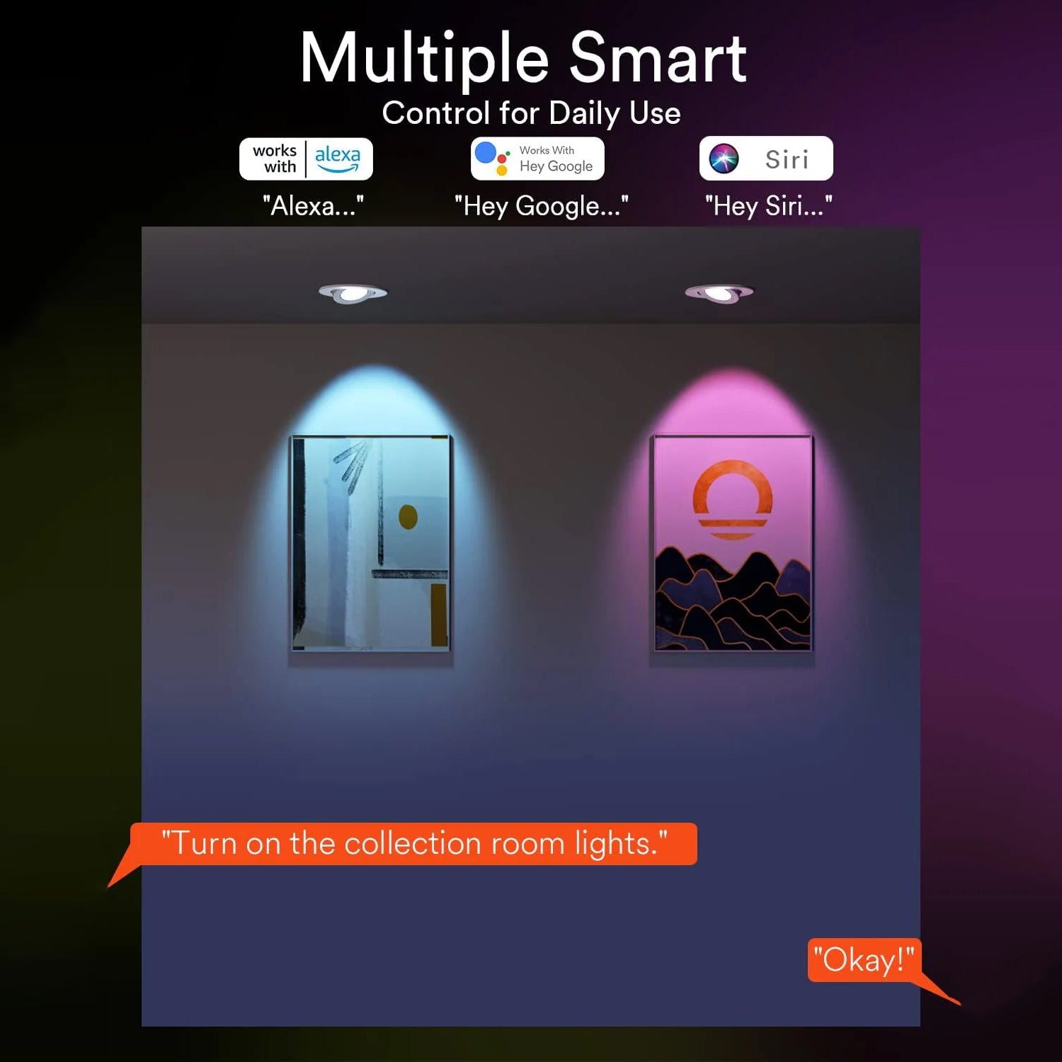 Lumary smart recessed lights with voice control options in a modern room.