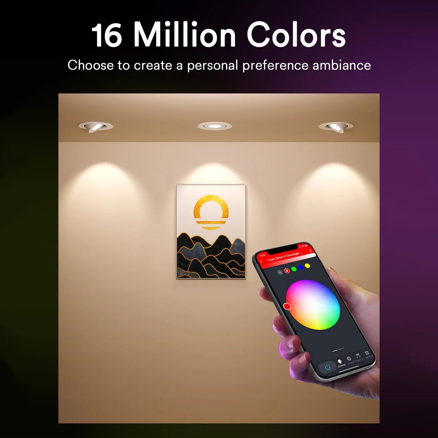 Smartphone controlling LED lights with 16 million color options for ambiance