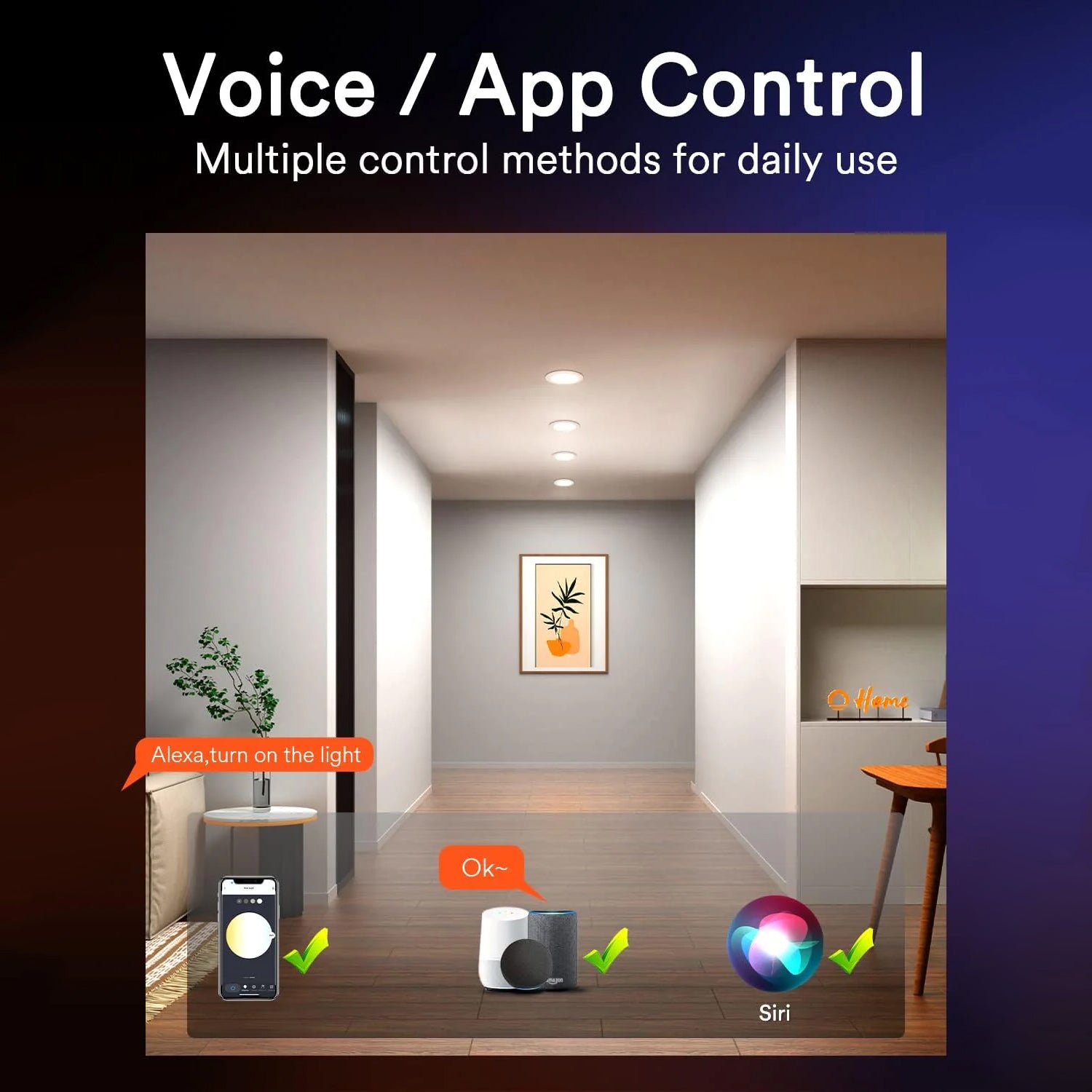 Voice control options for Lumary recessed lights with smartphone app and smart assistants.