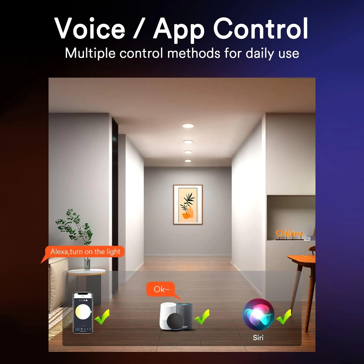 Lumary recessed lighting with voice and app controls in a modern room.
