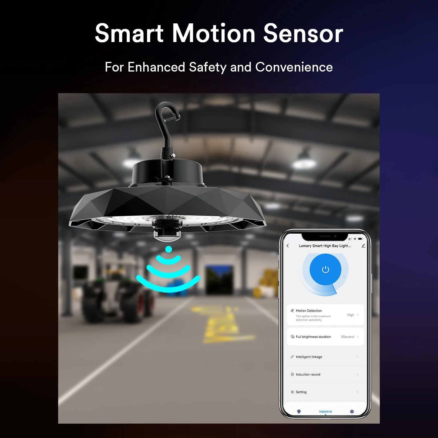 Lumary UFO LED High Bay Light with motion sensor and smartphone control interface