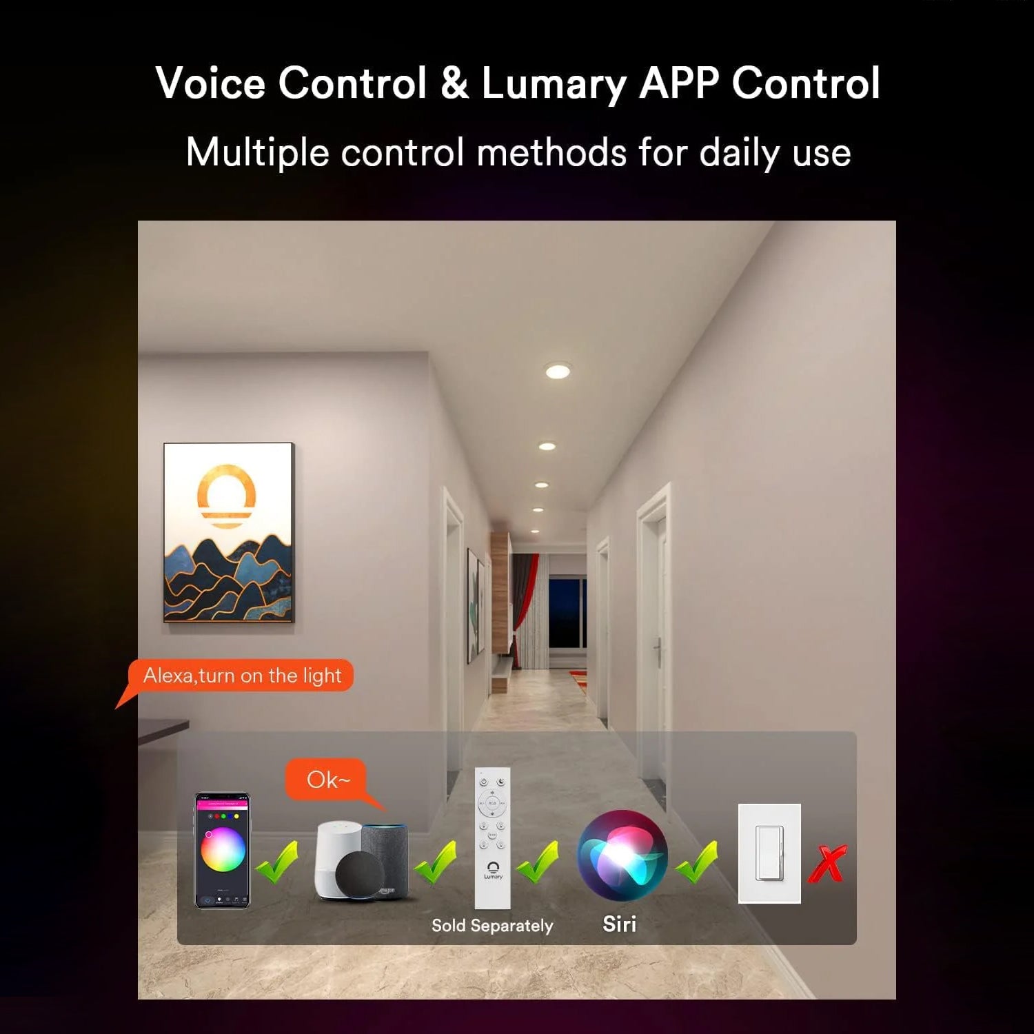 Control options for Lumary smart lights: voice commands, remote, and app icons