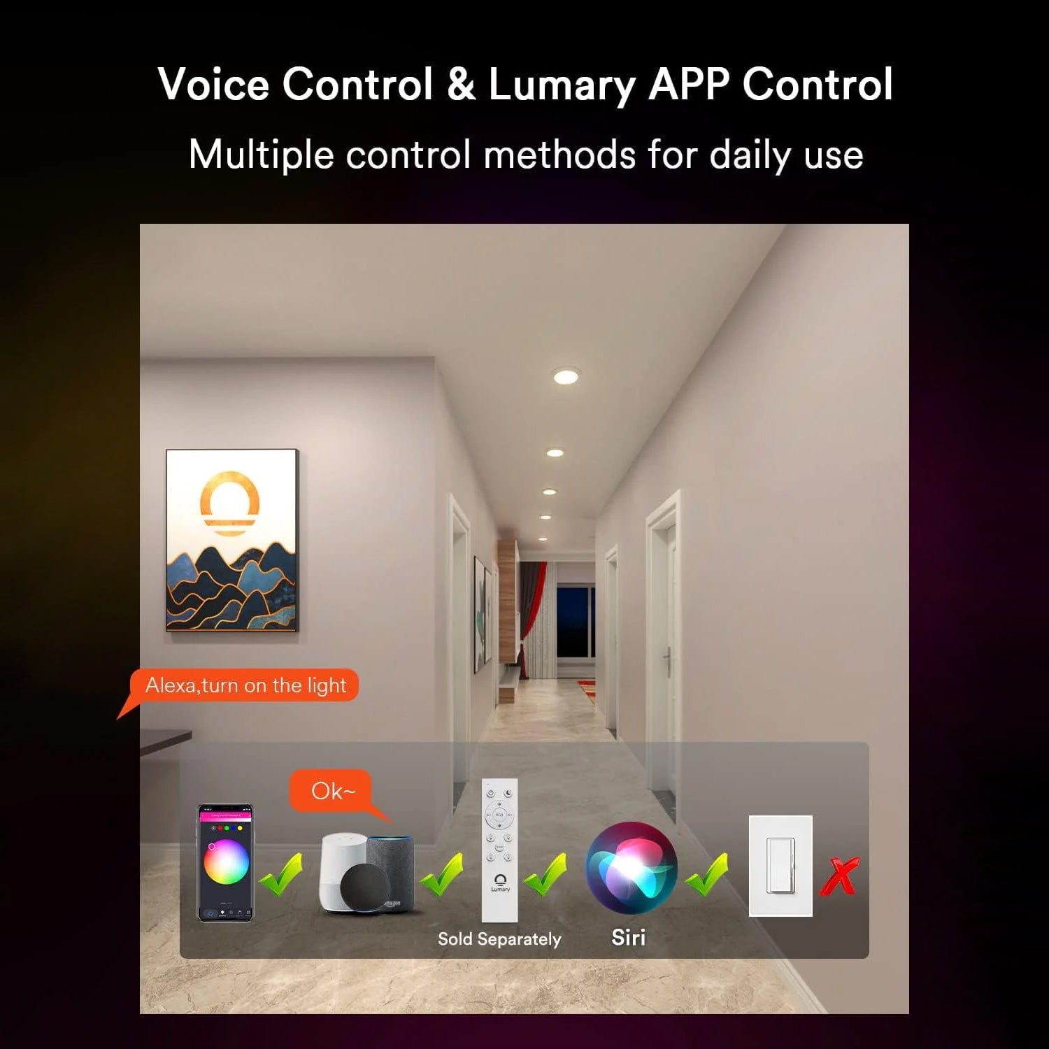 Hallway with Lumary smart lights and remote control options including Alexa and APP