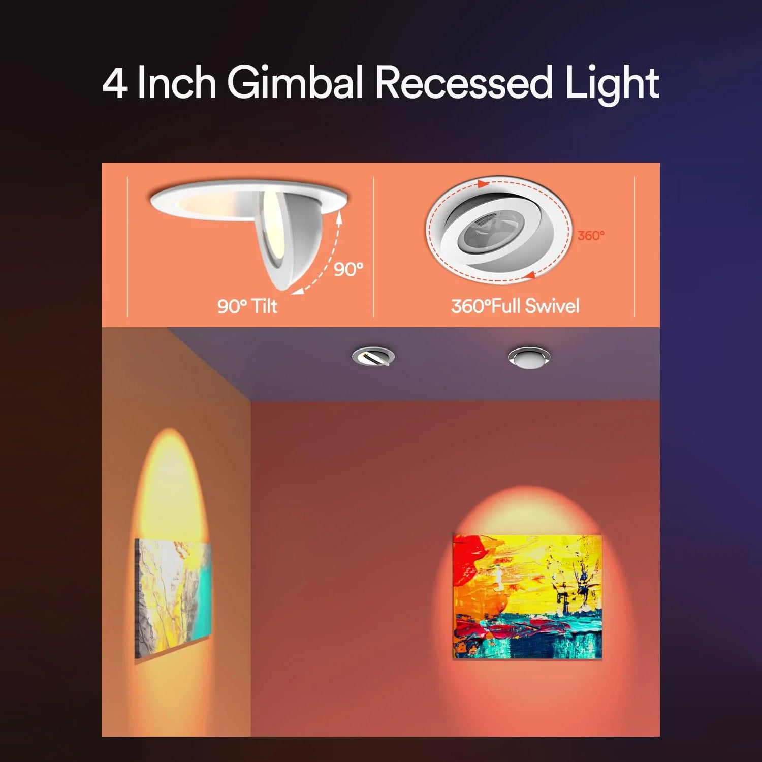 Lumary 4-inch gimbal recessed light with 90° tilt and 360° swivel display.