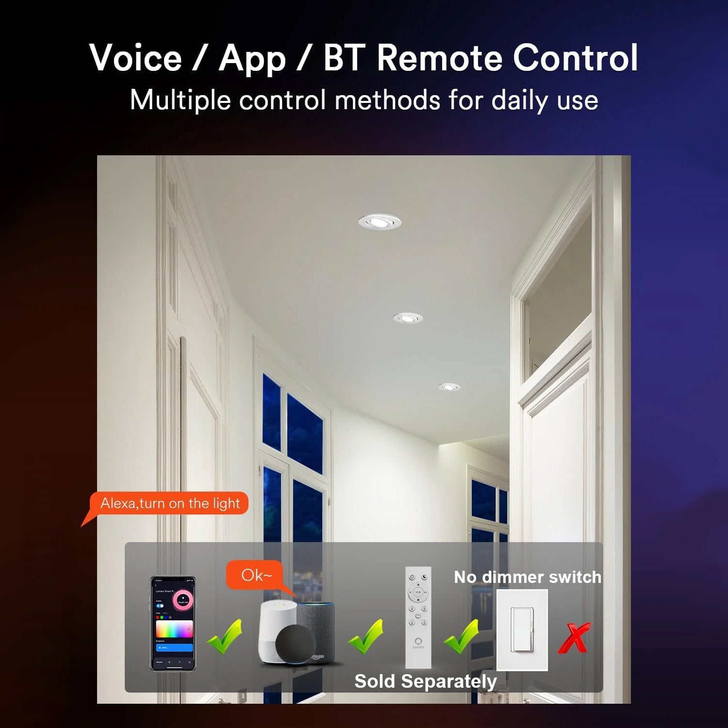 Smartphone app controlling recessed lights with Alexa and Bluetooth options