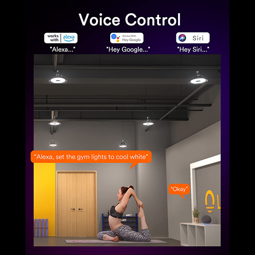 Yoga session demonstrating Lumary Smart Hub voice control with Alexa, Google, and Siri