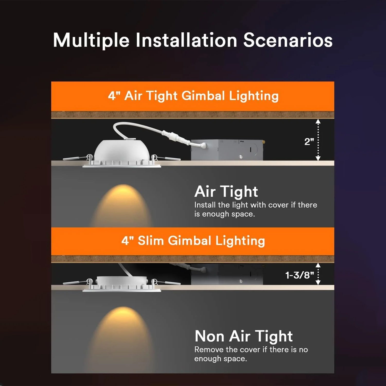 Multiple installation scenarios for Lumary gimbal recessed lights: air tight and slim options.