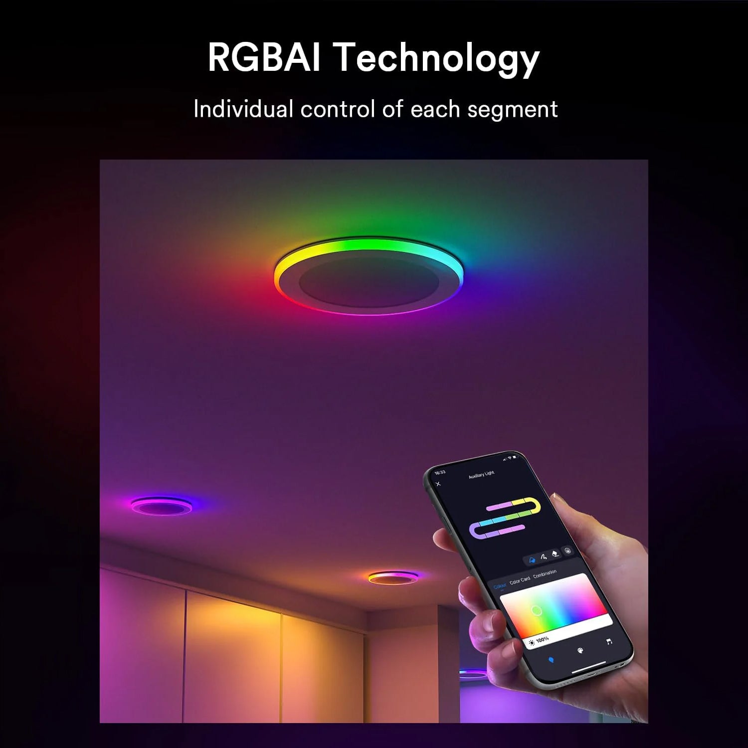 Smartphone controlling Lumary RGBAI recessed light with vibrant color segments