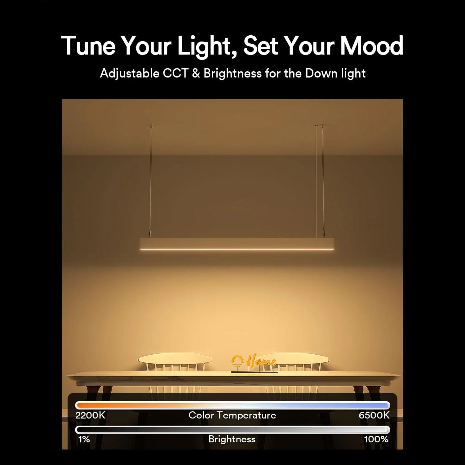 Adjustable Lumary linear light with settings for color temperature and brightness