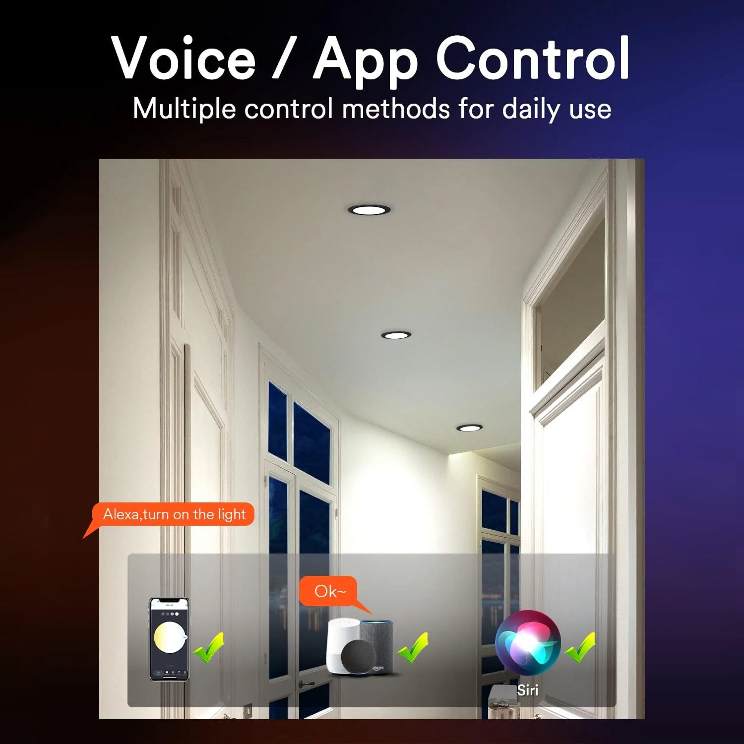Lumarysmart recessed lights with Alexa and app control in a modern hallway.