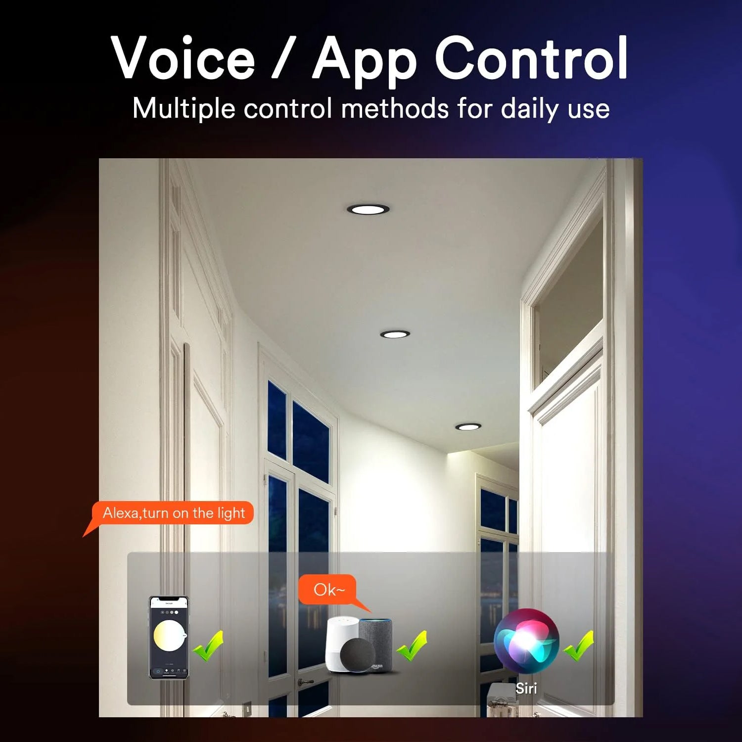 Smart home control options for Lumary recessed lighting with voice commands.