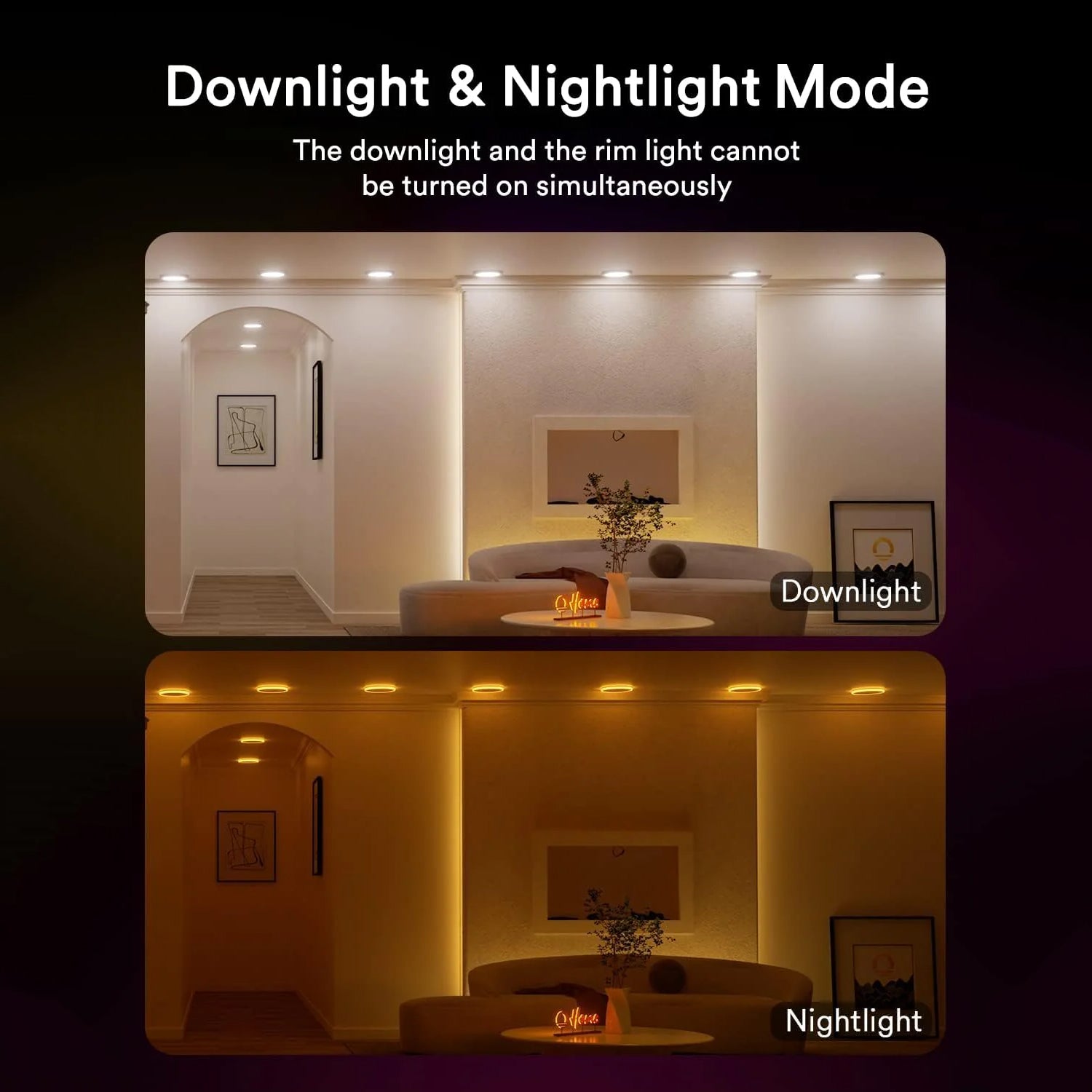 Comparison of Lumary RGBAI downlight and nightlight modes in ambient room setting.