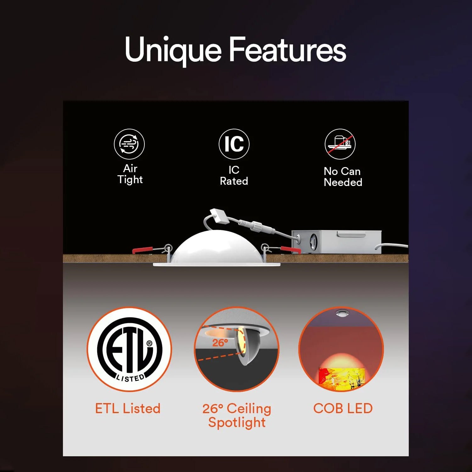 Unique features of Lumary gimbal recessed lights: ETL listed, 26° beam, air-tight, IC rated.
