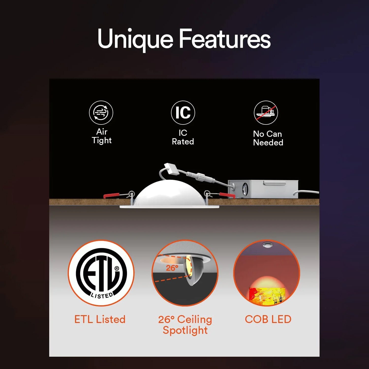 ETL listed features of Lumary smart recessed lights with COB LED spotlight.