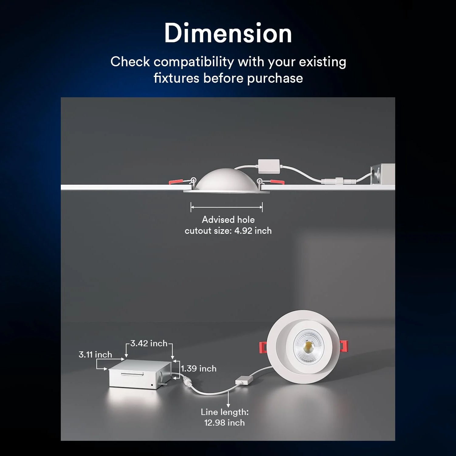 Dimensions for Lumary smart recessed light installation specifications.