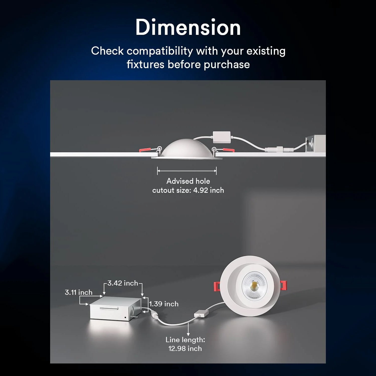 Dimensions of Lumary 4-inch gimbal recessed light with installation details.