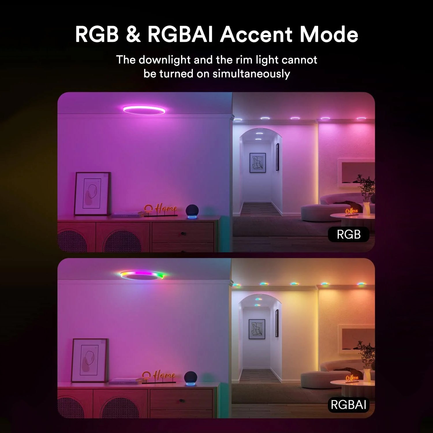 Comparison of Lumary RGB and RGBAI accent modes in a stylish room.