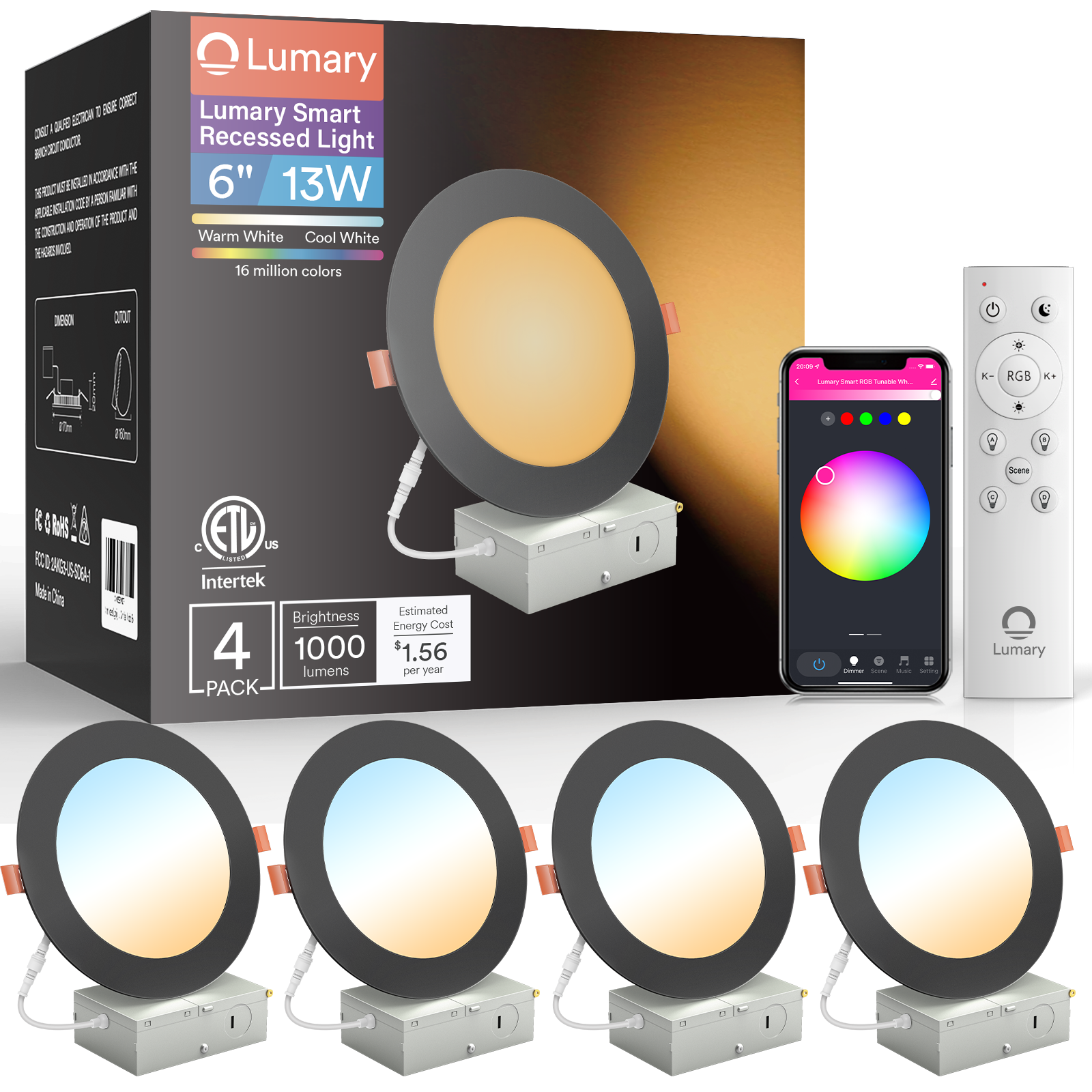 Lumary Wi-Fi Smart Ultra-thin Recessed Lighting Black 6 inch 4PCS
