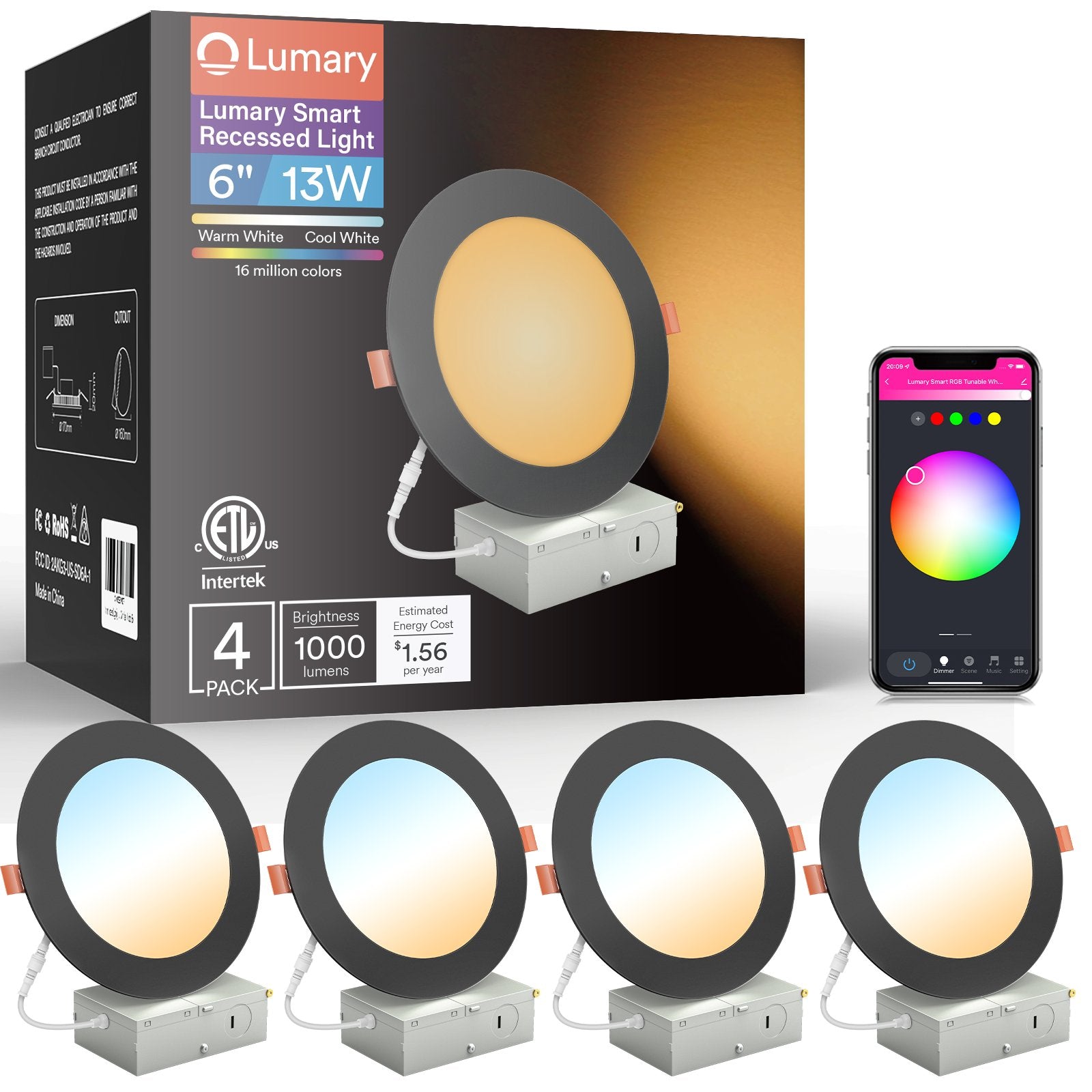 Lumary 6-inch smart recessed lights 4-pack, adjustable brightness and color.