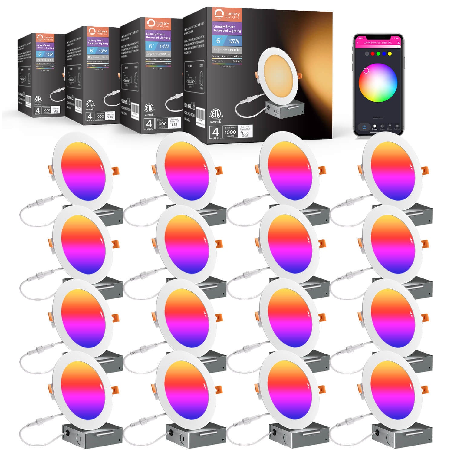 16-pack Lumary 6-inch smart recessed lights with app control and color options