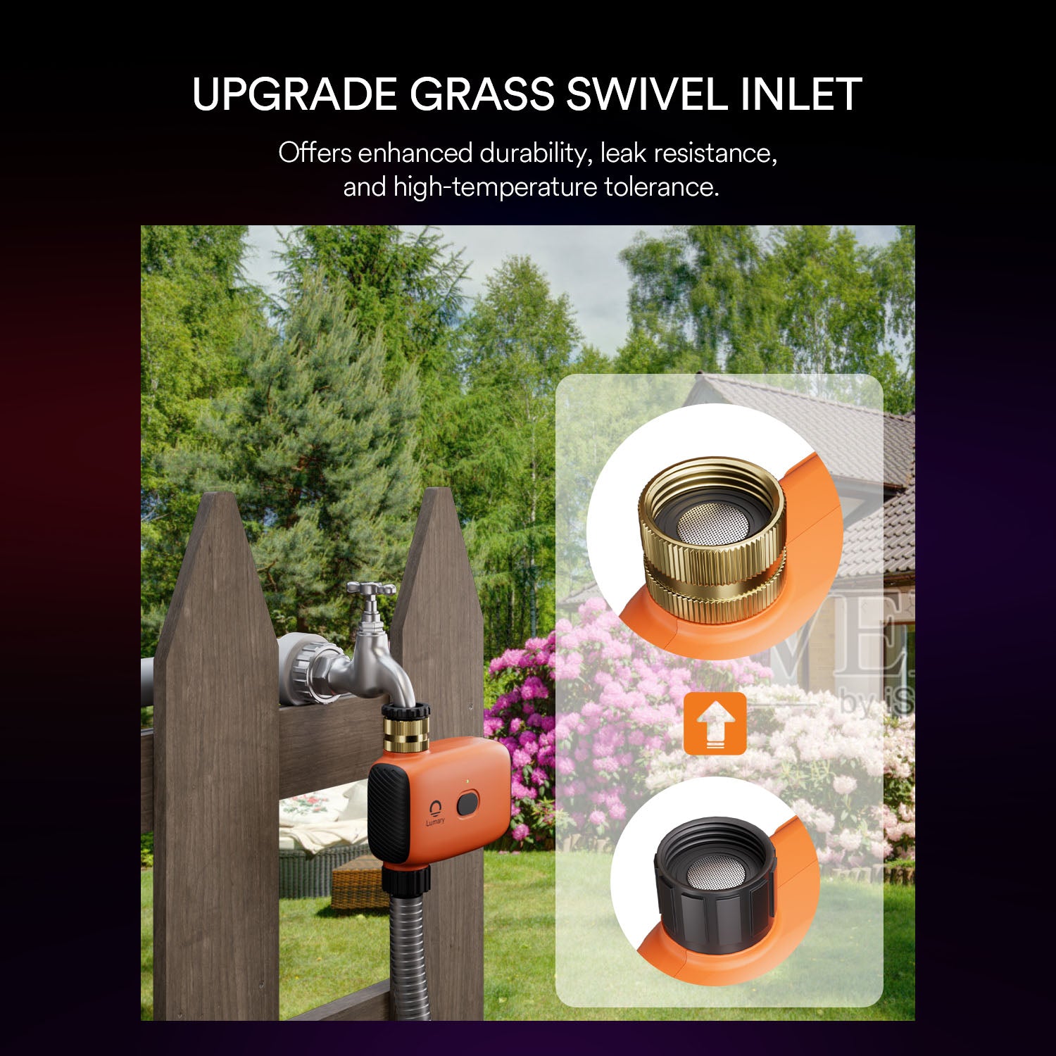Upgraded grass swivel inlet for Lumary watering timer with leak resistance.