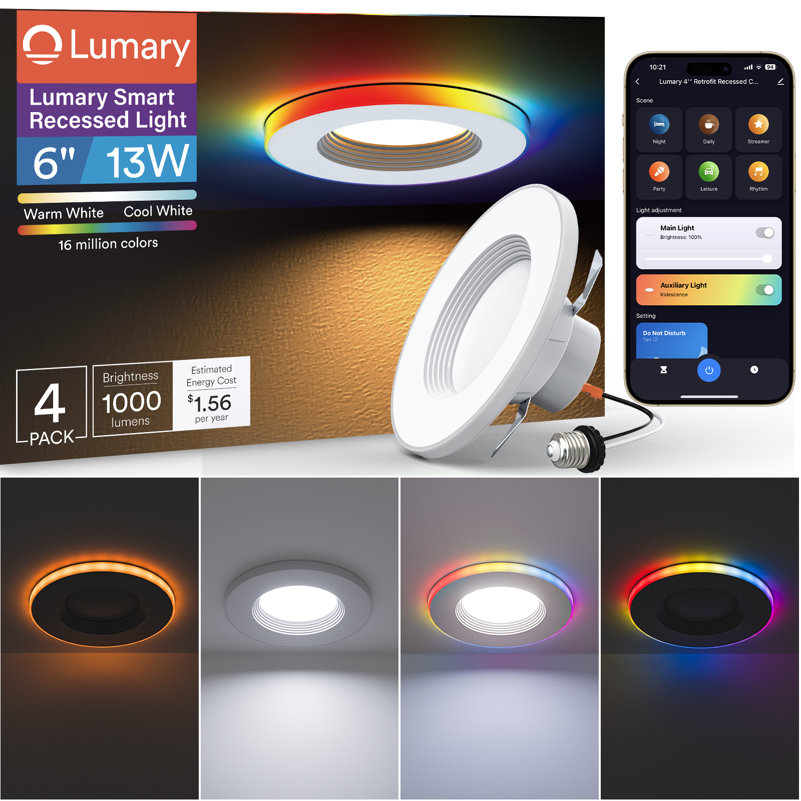 Lumary smart recessed light with color options and smartphone app control interface.