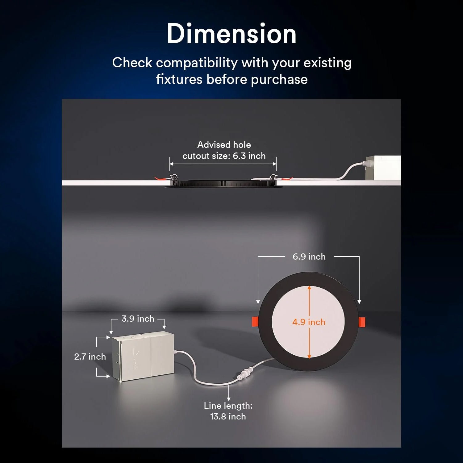 Dimensions for Lumary smart recessed lighting indicating hole size and fixture details.