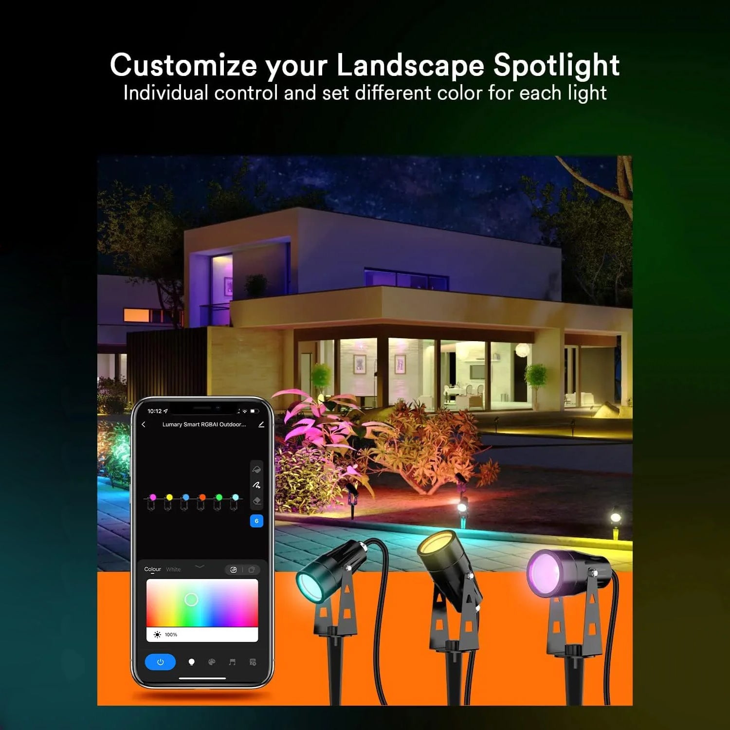Smart landscape spotlight with customizable colors controlled via smartphone app.