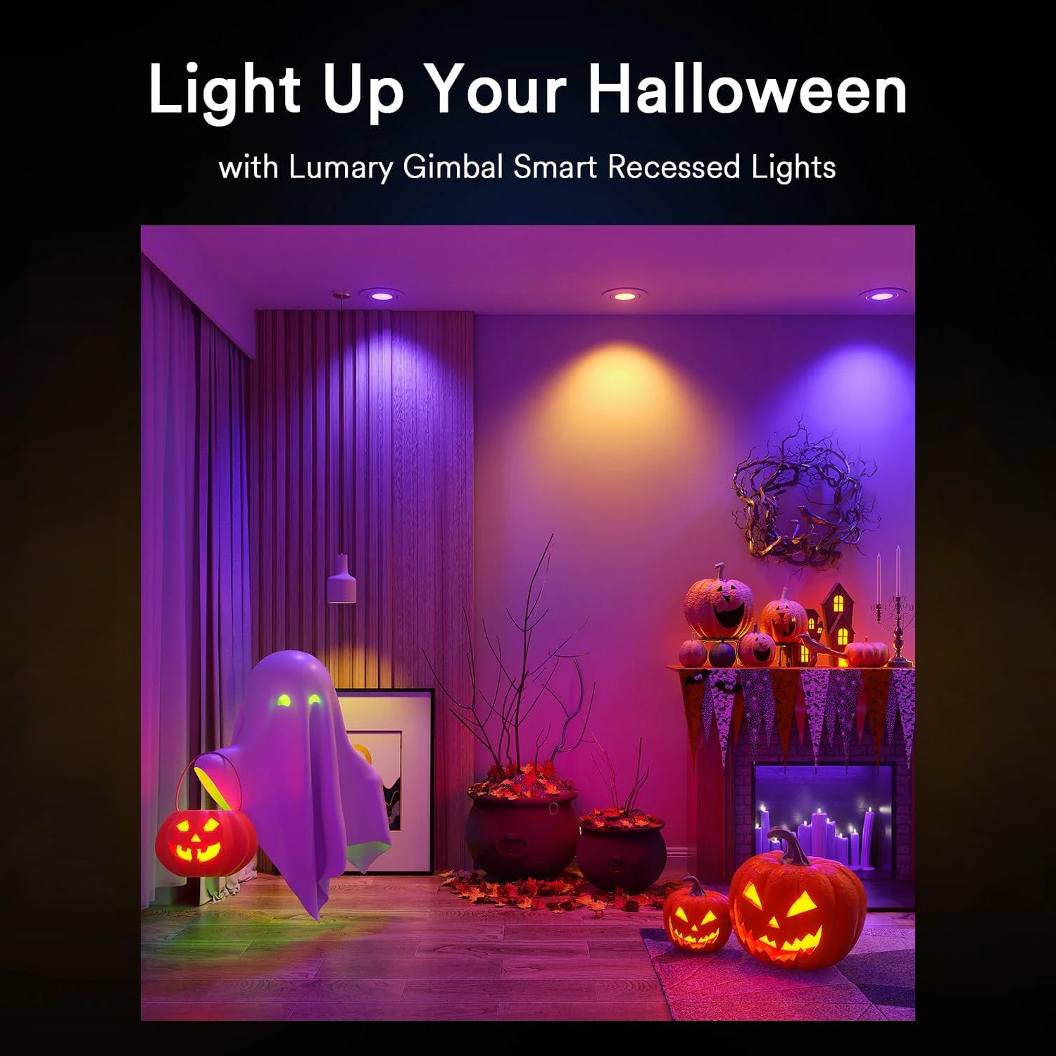 Halloween-themed setup with Lumary gimbal recessed lights in vibrant colors.